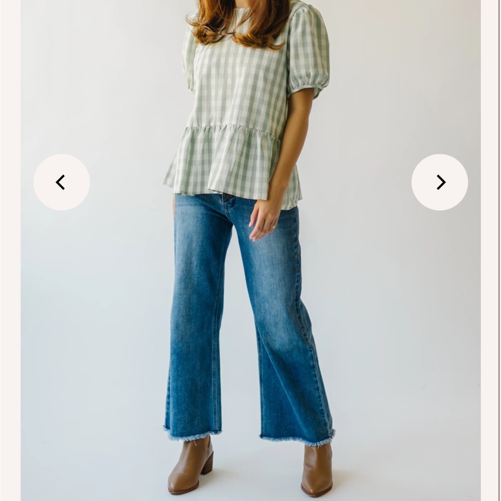 Gingham Puff Sleeve Blouse in Sage - Picture 4 of 8